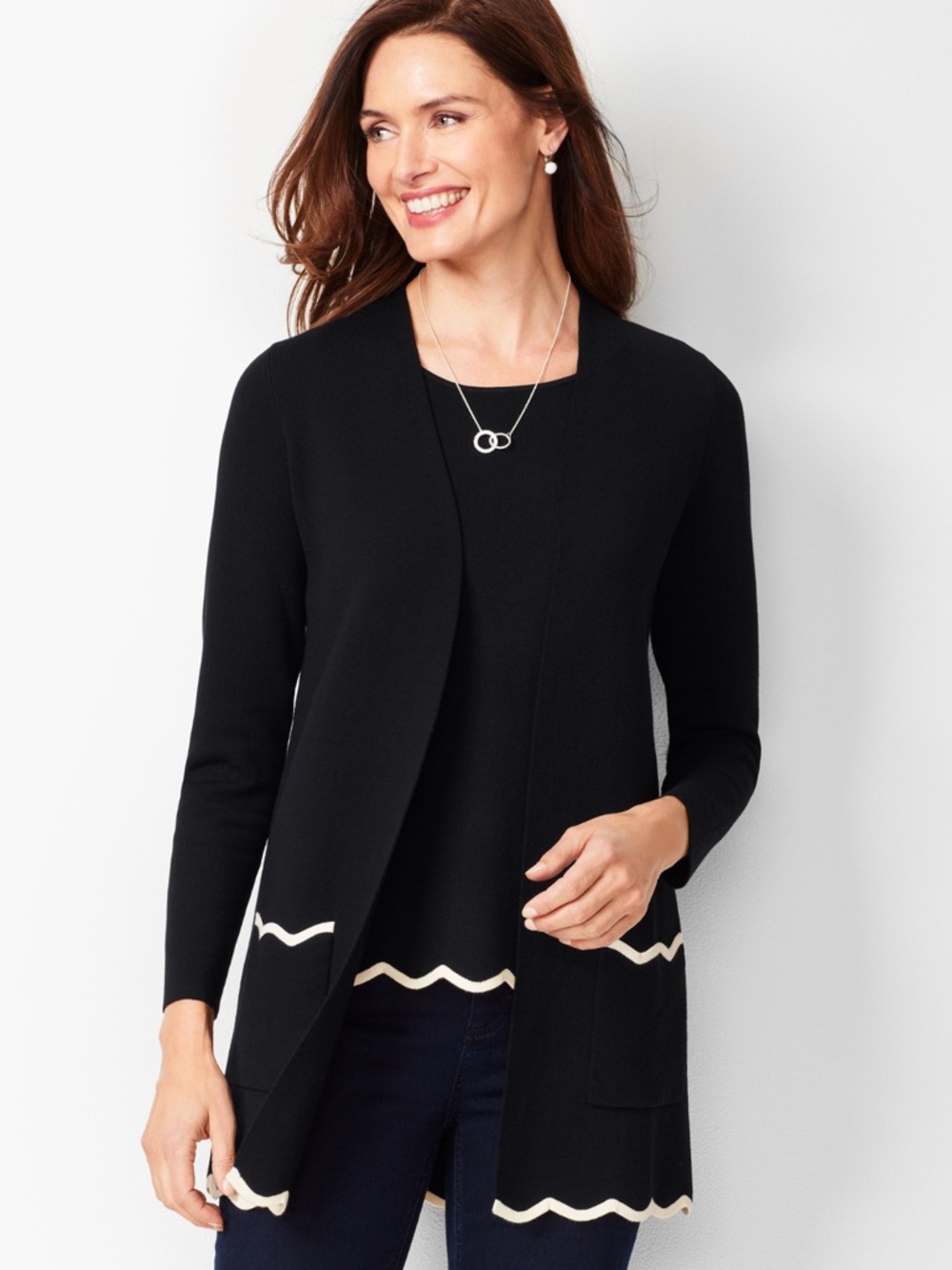 Talbots Women’s Black Open-Front Scalloped Cardigan